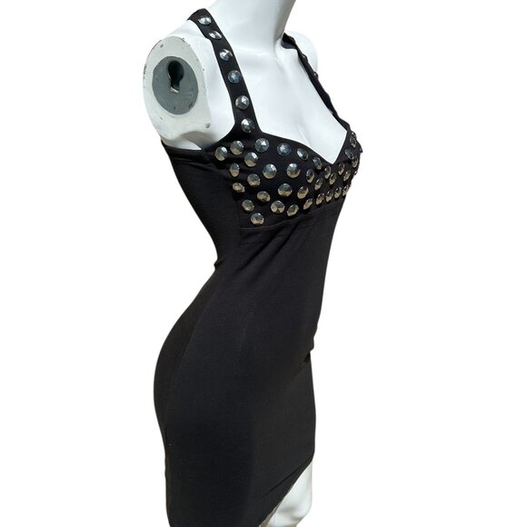 Y2K Euro Vintage Moschino Jeans Dress Bodycon Black Studs 4 Sweetheart Neckline - Picture 1 of 5